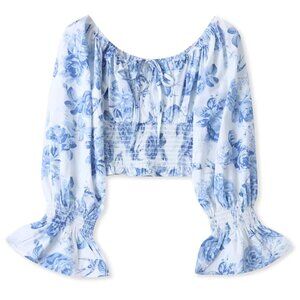 NWOT Boho Floral Smocked elastic Waist Cropped Blouse Square Neck tie-front bow